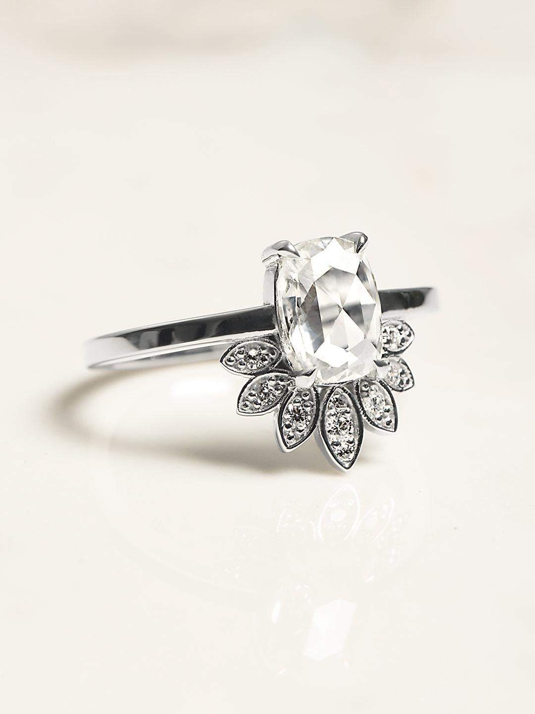 Rose Cut 1.25 ct Oval Rose-Cut White Diamond 14K Crest Solitaire Ring For Sale