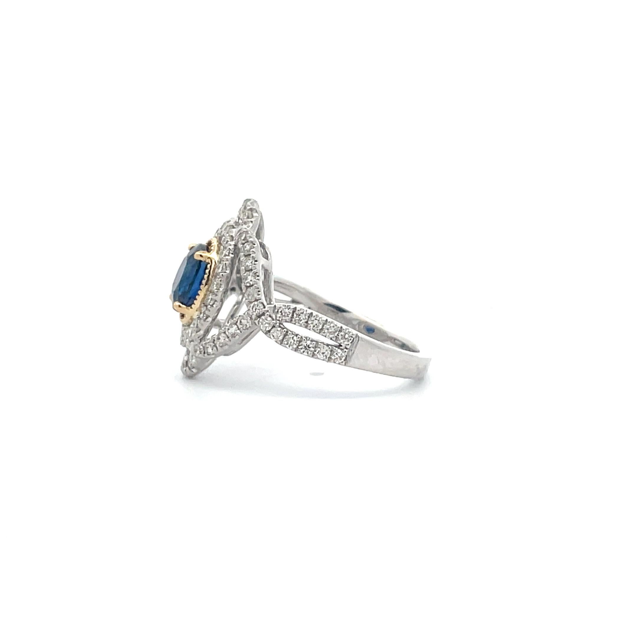 Sapphires are considered to be among the most precious of all gems and are said to represent love, faithfulness and hope. This stunning engagement ring features a 1.25-carat Oval cut Sapphire beautifully set in a Platinum and 18K Yellow Gold Prong