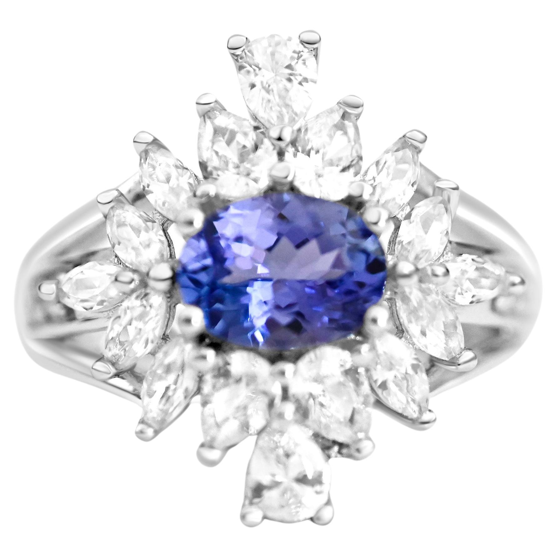 1.25 Ct Woman Tanzanite Ring 925 Sterling Silver Rhodium Plated  Wedding Ring 