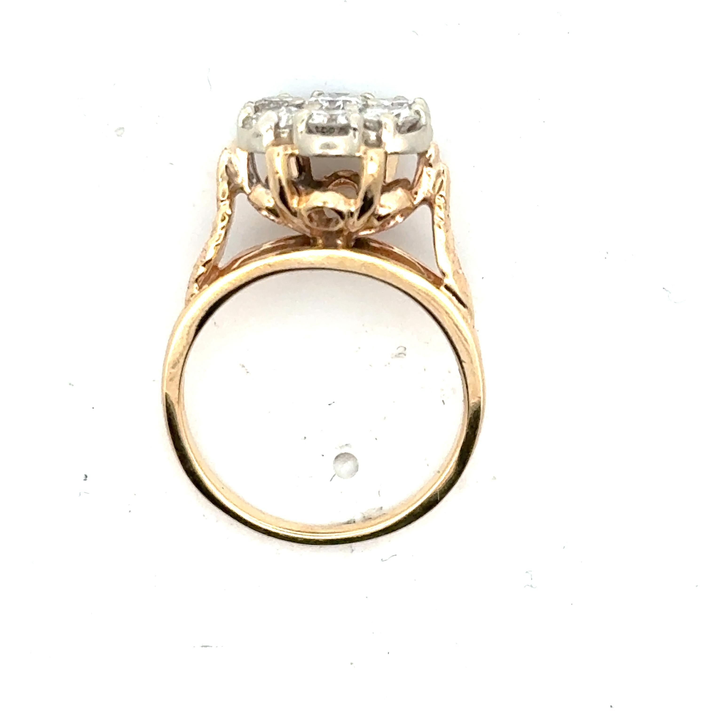 1.25 CTW Round Brilliant Cut Diamond 14 Karat Yellow Gold Cluster Ring For Sale 2