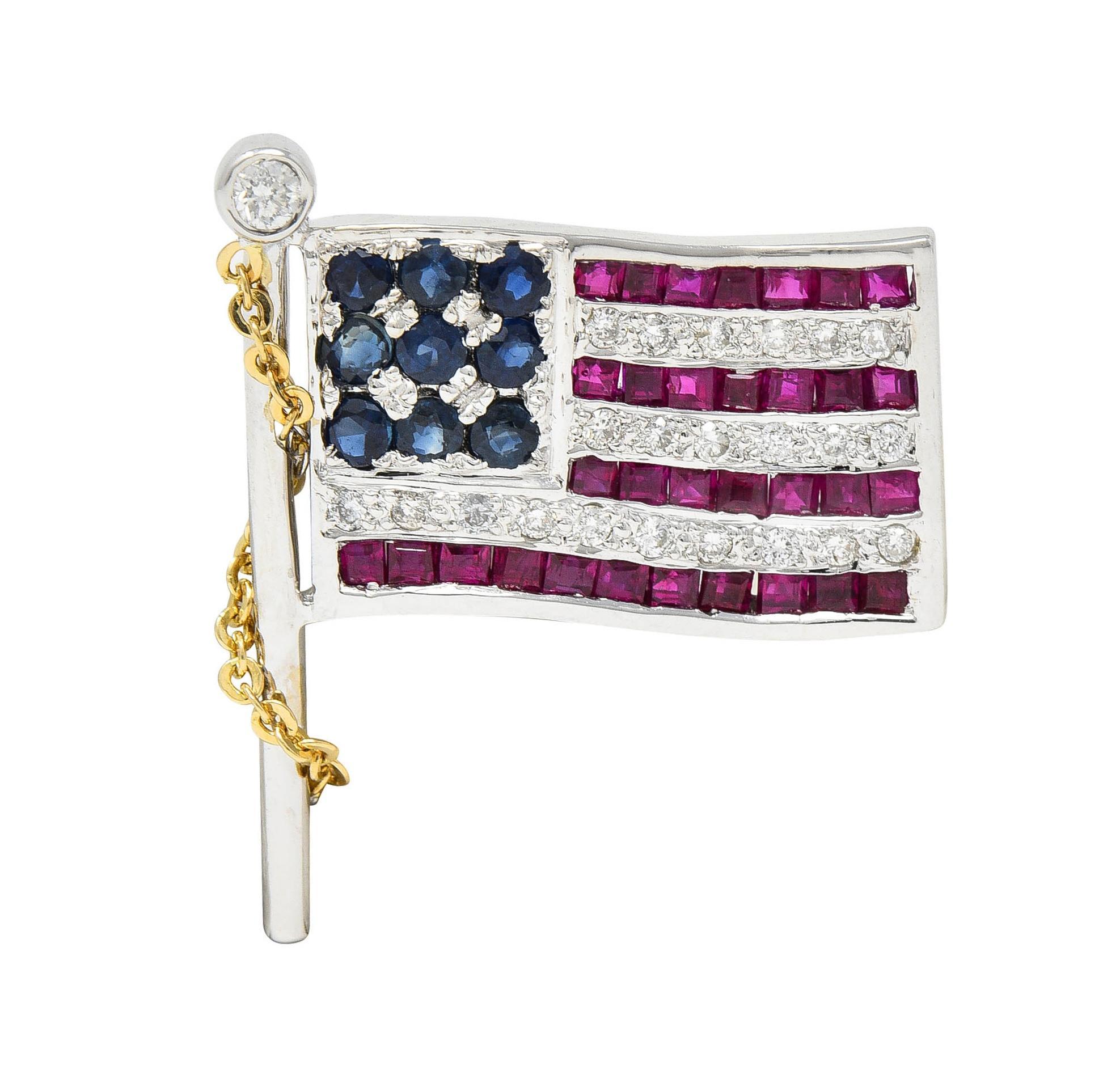 1.25 CTW Sapphire Ruby Diamond 14 Karat Gold American Flag Pendant Brooch For Sale 6