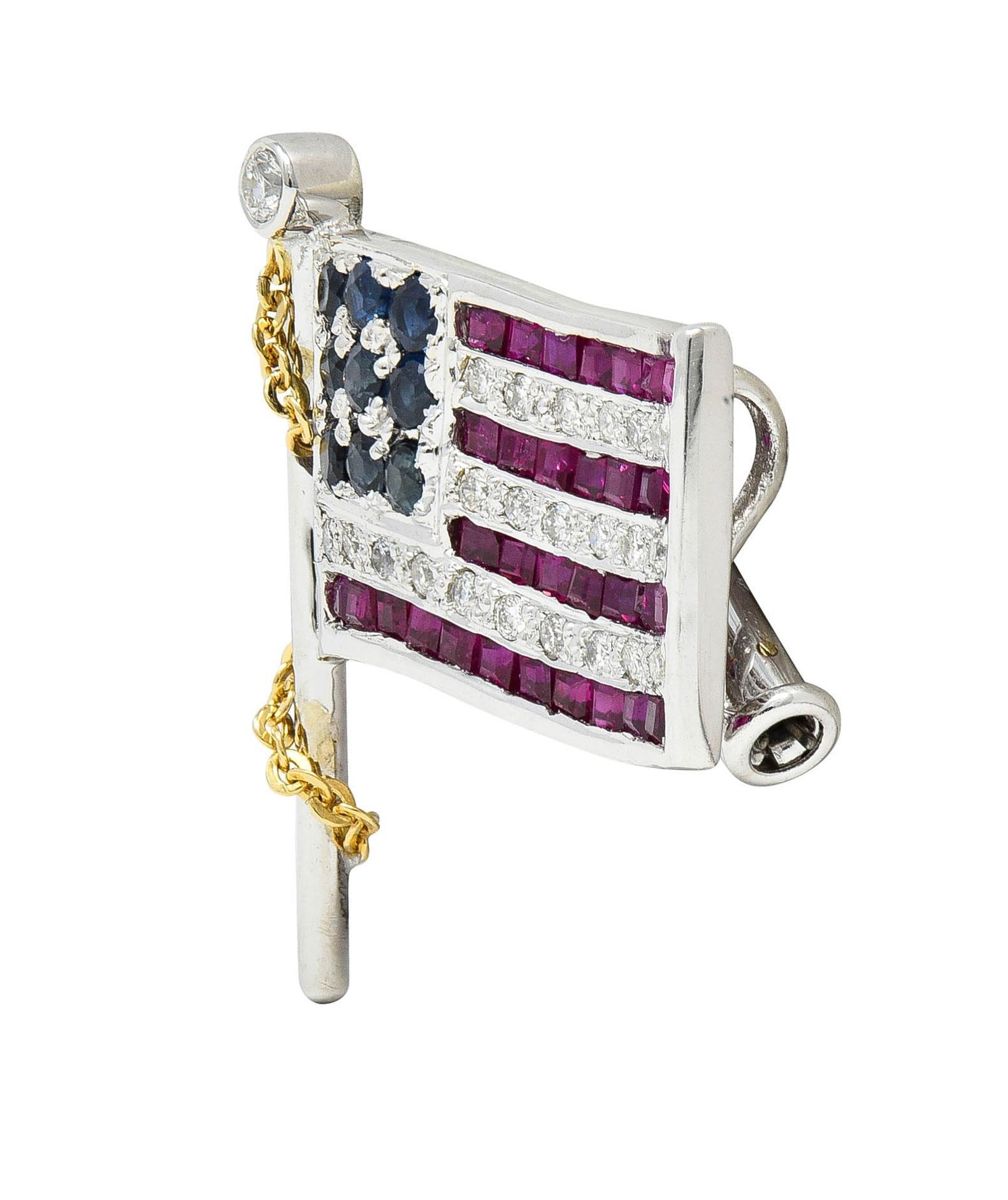 1.25 CTW Sapphire Ruby Diamond 14 Karat Gold American Flag Pendant Brooch In Excellent Condition For Sale In Philadelphia, PA