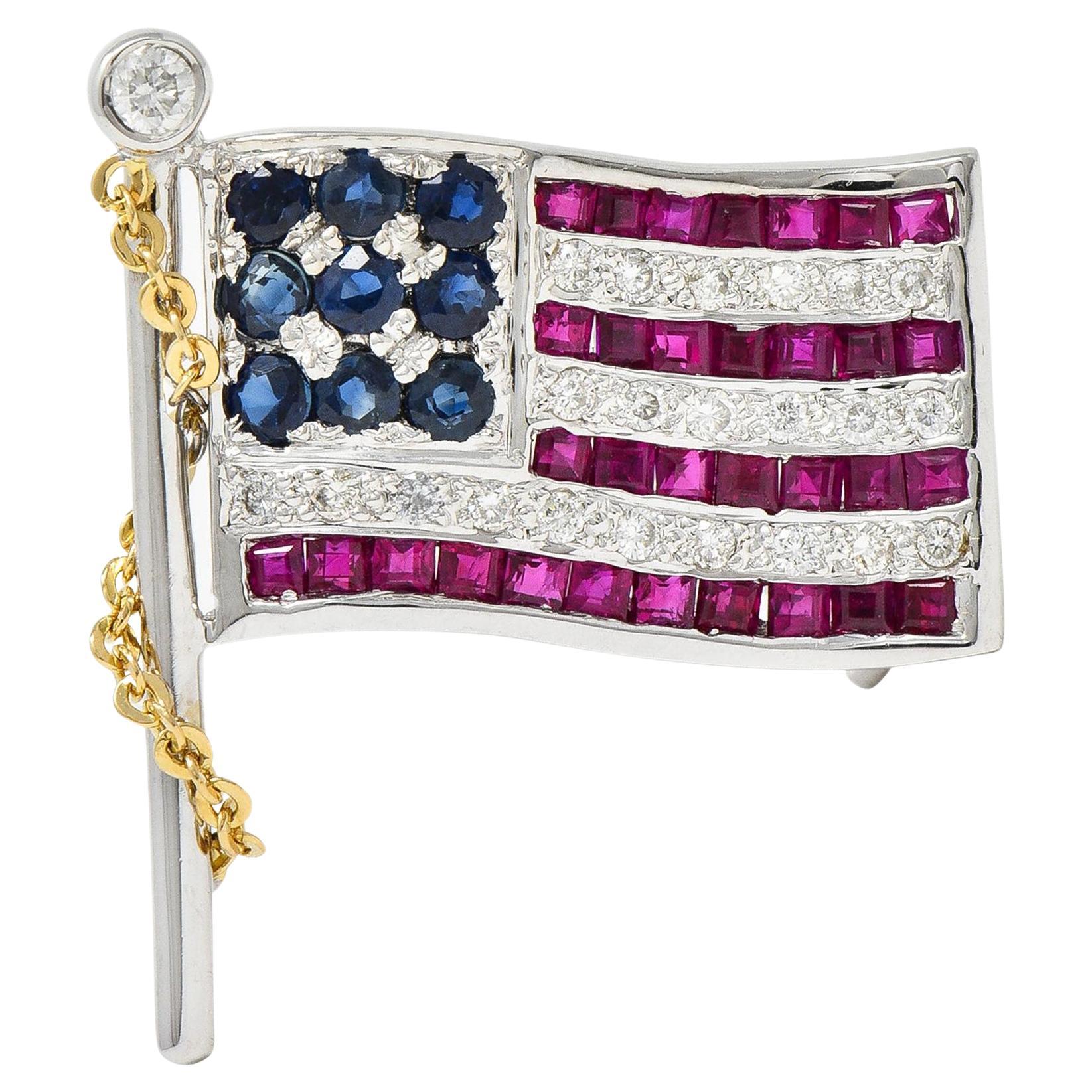 1.25 CTW Sapphire Ruby Diamond 14 Karat Gold American Flag Pendant Brooch For Sale
