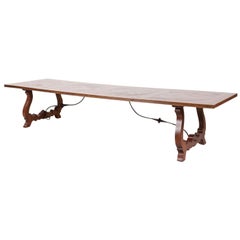 French Walnut Trestle Table with Antique Parquet De Versailles Top