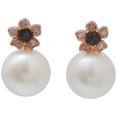 12.5 M m Pearls, Sapphires, Diamonds, Rose Gold Flower Earrings.