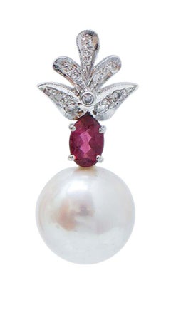 12.5 Mm Pearls, Diamonds, Tourmaline, Platinum Earrings.