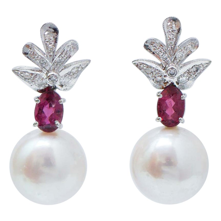 12.5 Mm Pearls, Diamonds, Tourmaline, Platinum Earrings.