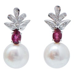 12.5 Mm Pearls, Diamonds, Tourmaline, Platinum Earrings.