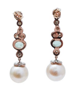 12.5 Mm Pearls, Emeralds, Diamonds, Rose Gold and Silver Earrings.