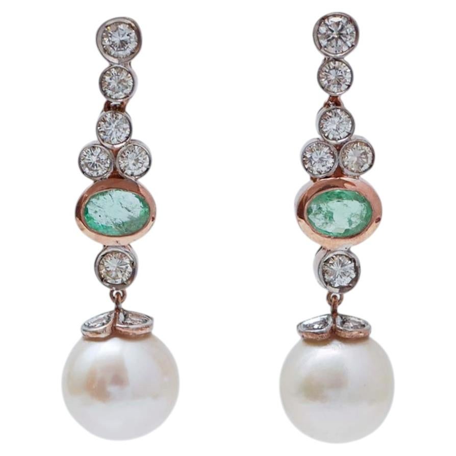 12.5 Mm Pearls, Emeralds, Diamonds, Rose Gold and Silver Earrings.