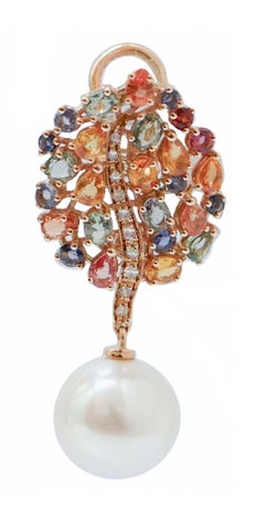 12.5 Mm Pearls, Multicolor Sapphires, Diamonds, 14 Kt Rose Gold Earrings.