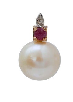 12.5 Mm Pearls, Rubies, Diamonds, 14 Karat Rose Gold Earrings.