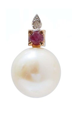 12.5 Mm Pearls, Rubies, Diamonds, 14 Karat Rose Gold Earrings.
