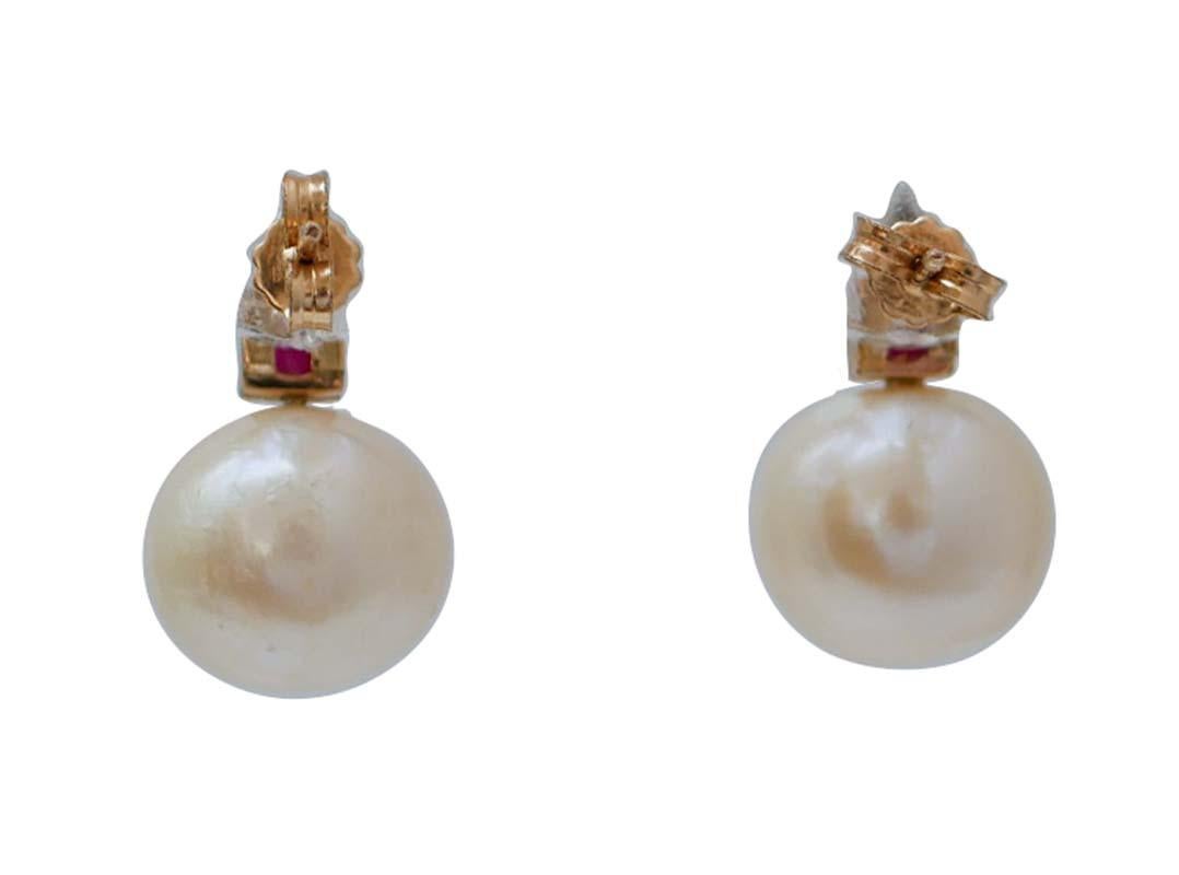 Rétro Orecchini da 12,5 mm con perle, rubini, diamanti, oro rosa 14 carati. in vendita