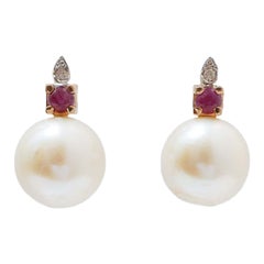 12.5 Mm Pearls, Rubies, Diamonds, 14 Karat Rose Gold Earrings.