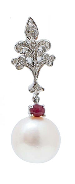 12,5 m Perlen, Rubine, Diamanten, 14 Karat Weißgold Ohrringe.