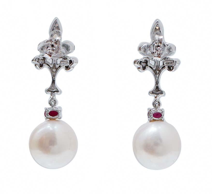 Retro 12.5 Mm Pearls, Rubies, Diamonds, 14 Karat White Gold Earrings.