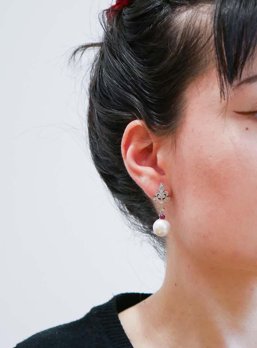 Mixed Cut 12.5 Mm Pearls, Rubies, Diamonds, 14 Karat White Gold Earrings.