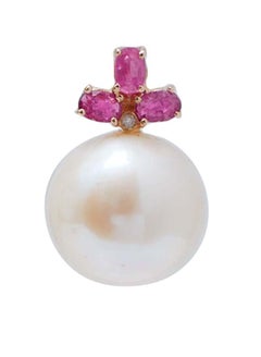 12.5 Mm Pearls, Rubies, Diamonds, 14 Kt Rose Gold Earrings.