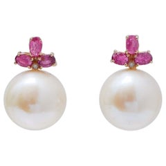 12.5 Mm Pearls, Rubies, Diamonds, 14 Kt Rose Gold Earrings.