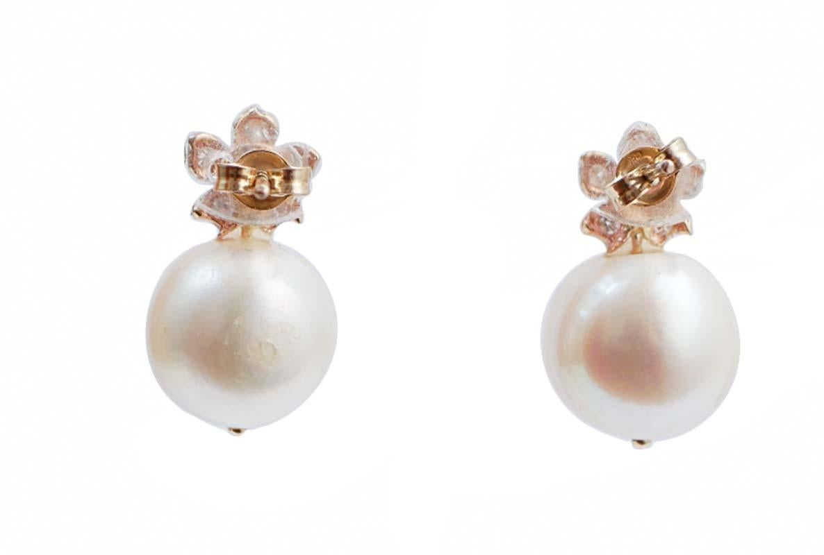 Rétro Orecchini da 12,5 mm con perle, rubini, diamanti e oro rosa. in vendita