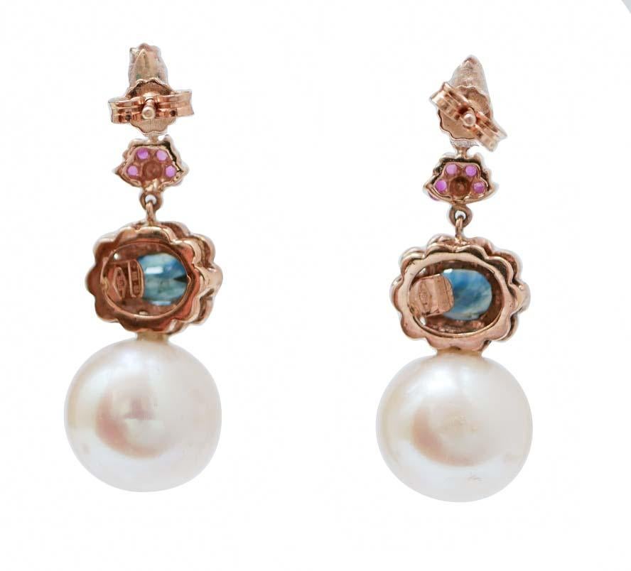 Retro 12.5 Mm Pearls, Rubies, Sapphires, Emeralds, Diamonds, 14 Kt Rose Gold Earrings. For Sale
