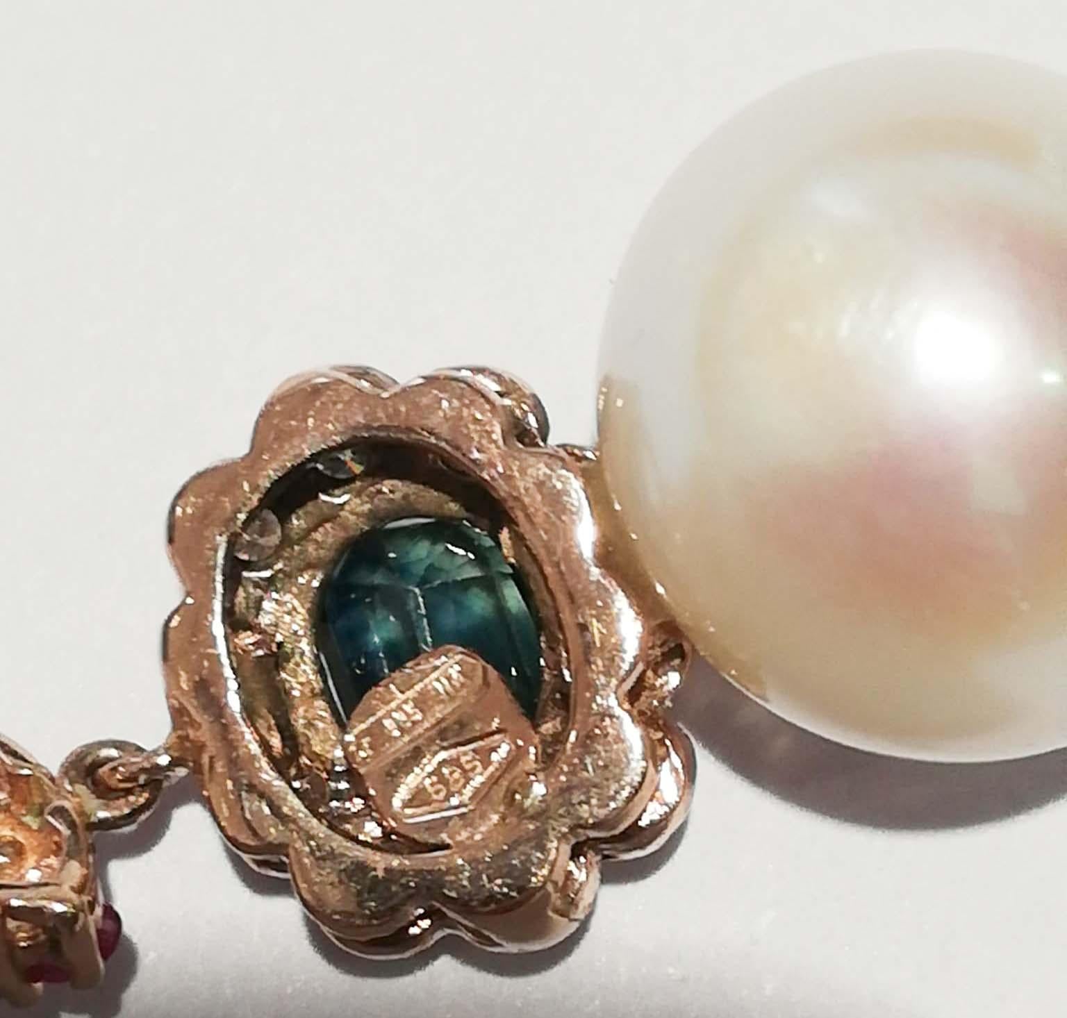 Women's 12.5 Mm Pearls, Rubies, Sapphires, Emeralds, Diamonds, 14 Kt Rose Gold Earrings. For Sale