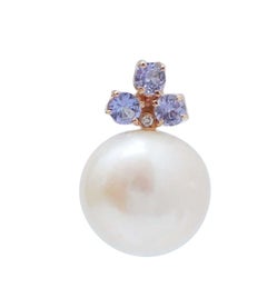 12.5 Mm Pearls, Tanzanite, Diamonds, 14 Kt Rose Gold Earrings.