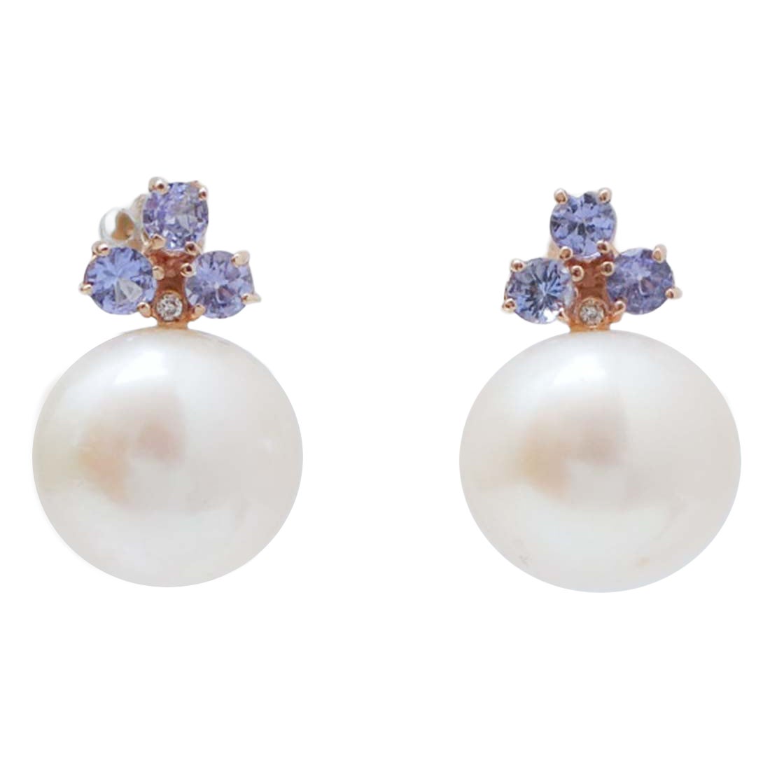 12.5 Mm Pearls, Tanzanite, Diamonds, 14 Kt Rose Gold Earrings.