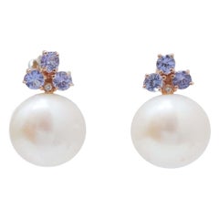 12.5 Mm Pearls, Tanzanite, Diamonds, 14 Kt Rose Gold Earrings.