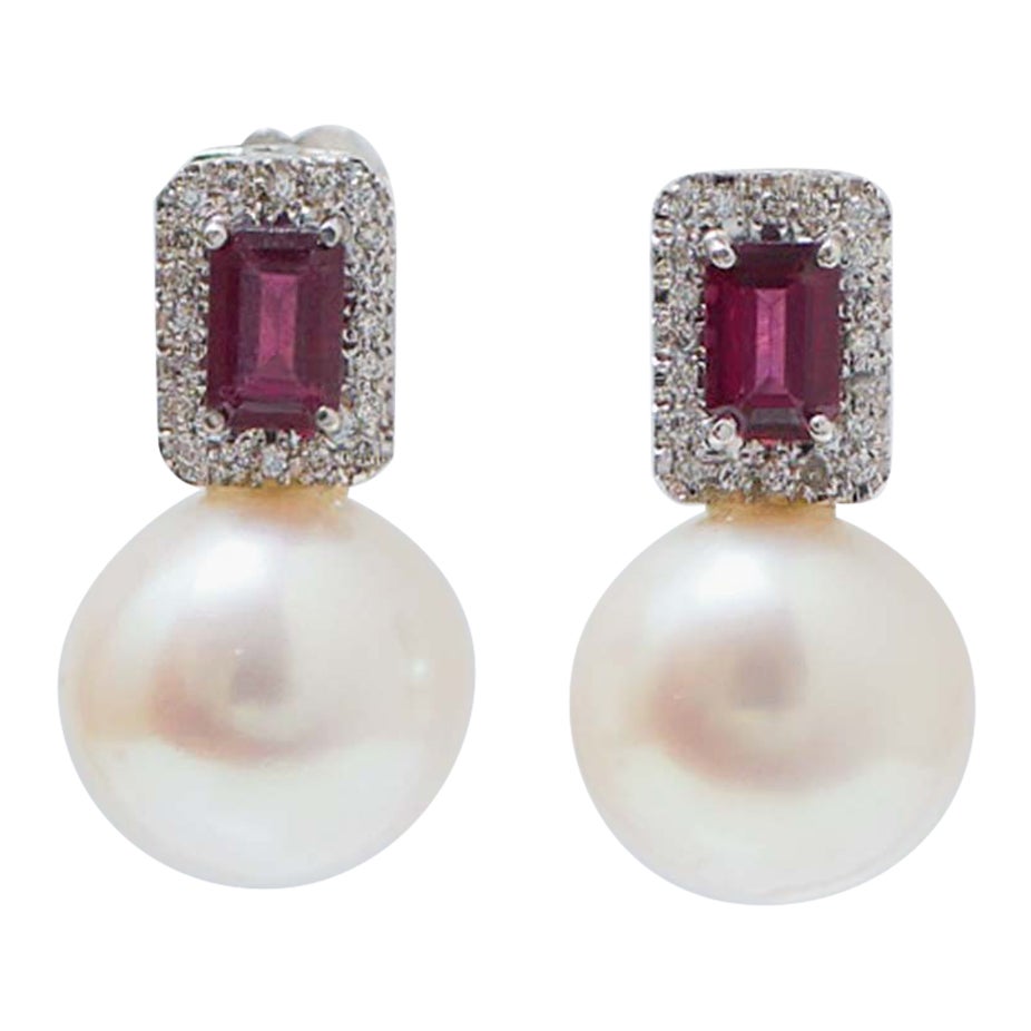 12.5 Mm Pearls, Tourmaline, Diamonds, Platinum Earrings. For Sale