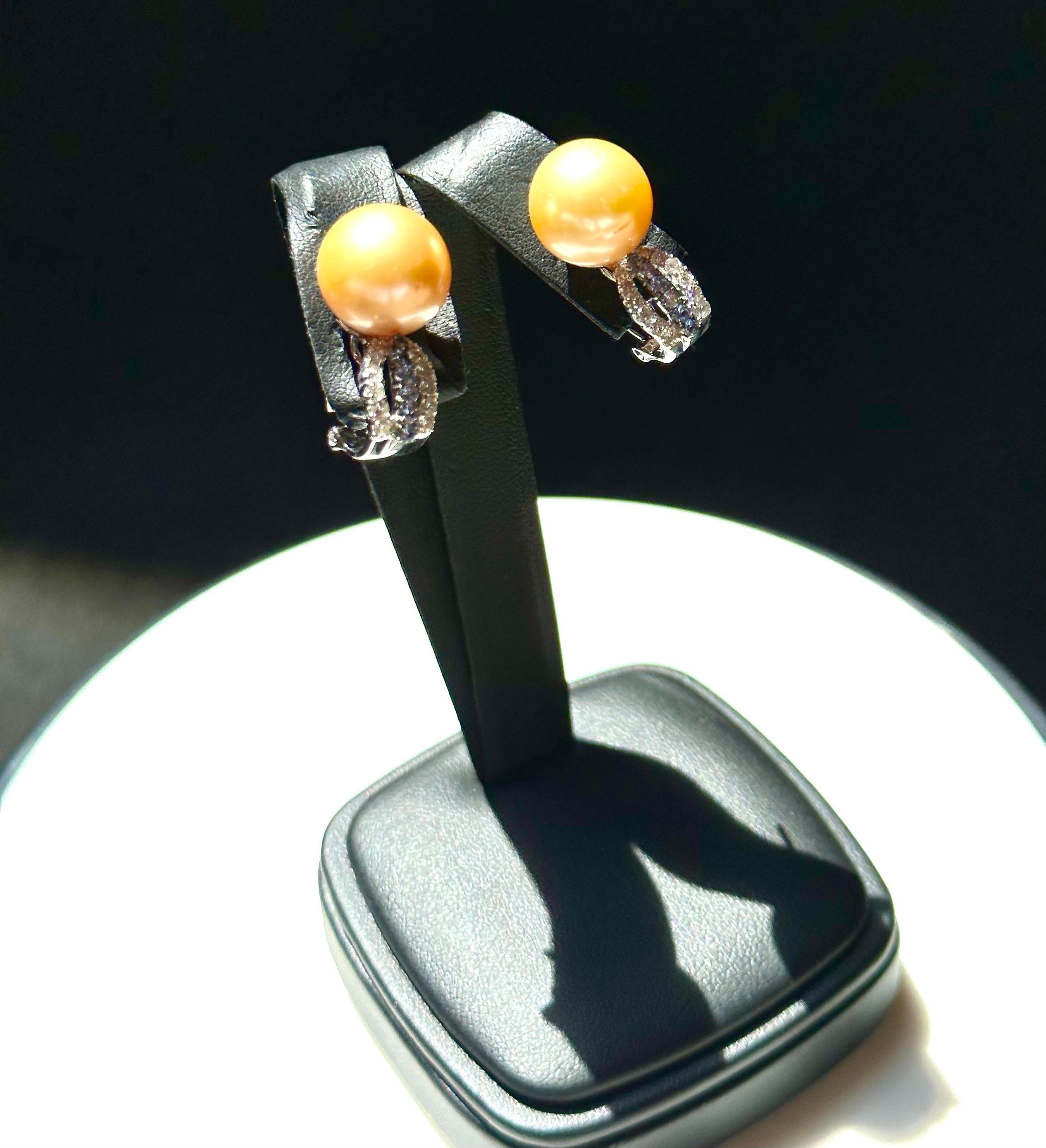12.5 mm Round Golden Sea Pearl & Diamond Cocktail Stud Earrings 18 K White  Gold For Sale 6