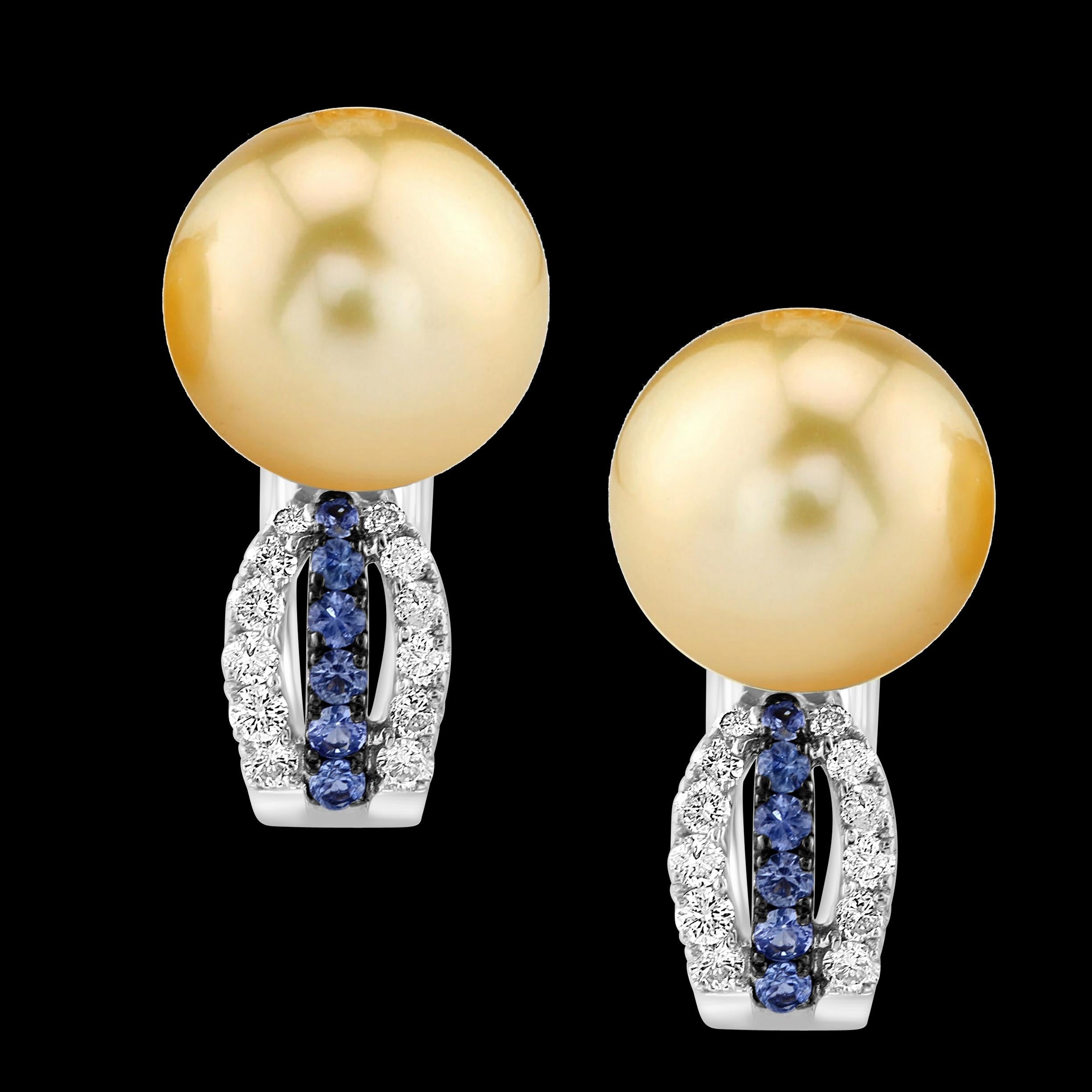 12.5 mm Round Golden Sea Pearl & Diamond Cocktail Stud Earrings 18 K White  Gold For Sale 10