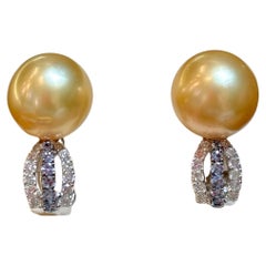 12.5 mm Round Golden Sea Pearl & Diamond Cocktail Stud Earrings 18 K White  Gold
