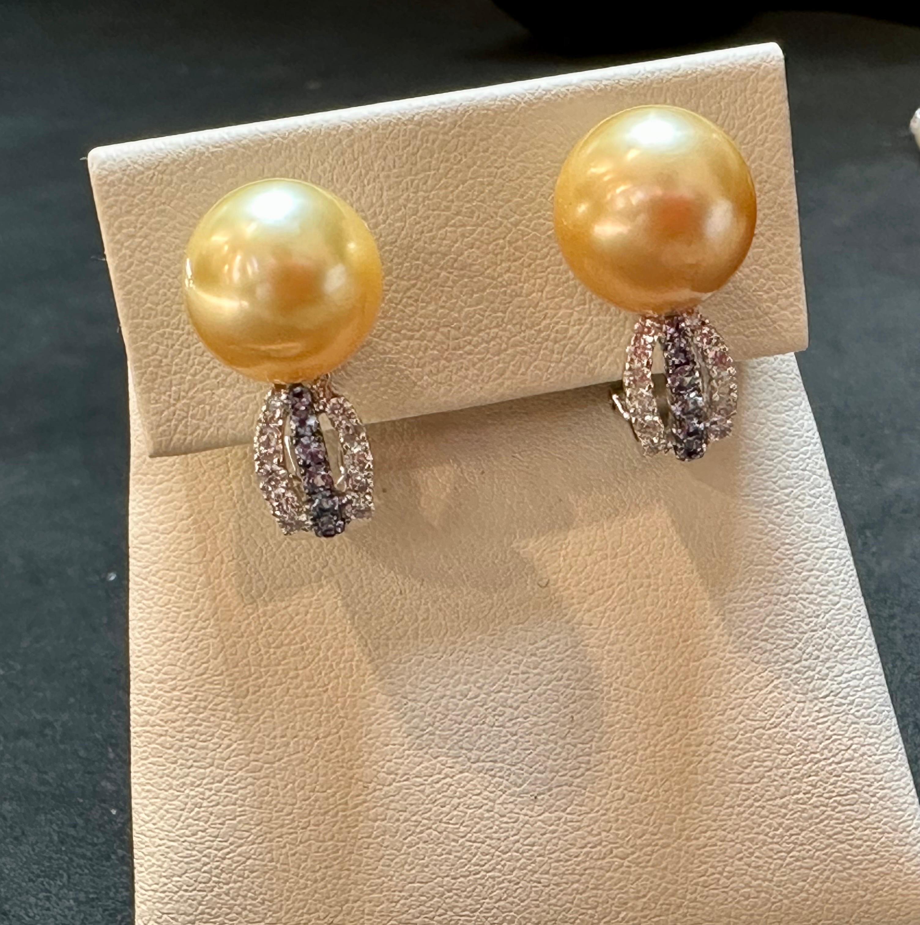 Round Cut 12.5 mm Round Golden Sea Pearl & Diamond Cocktail Stud Earrings 18 K White  Gold For Sale