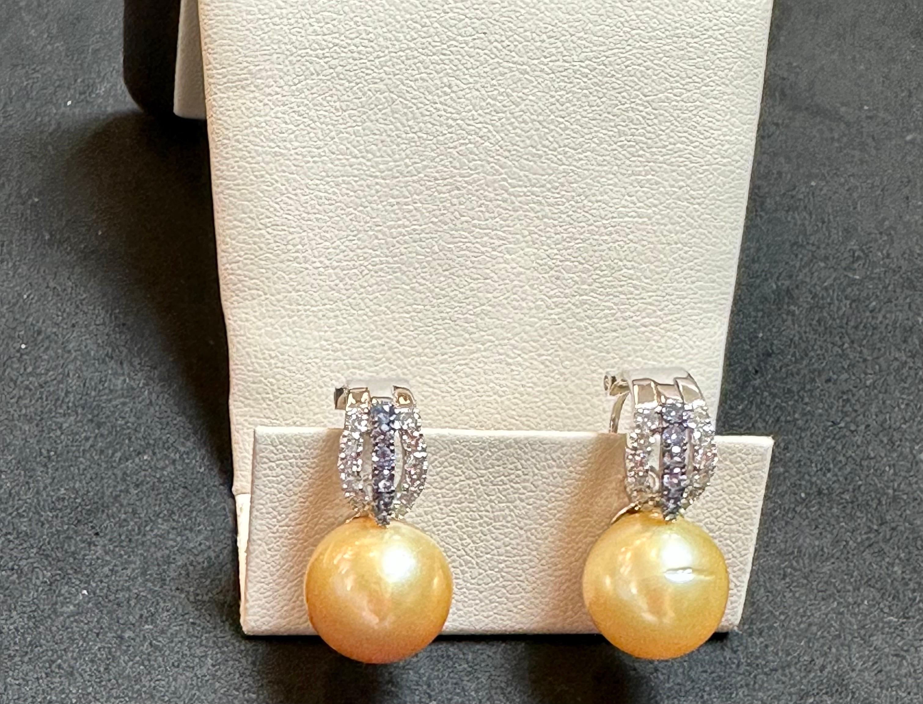 Round Cut 12.5 mm Round Golden Sea Pearl & Diamond Cocktail Stud Earrings 18 K White  Gold For Sale