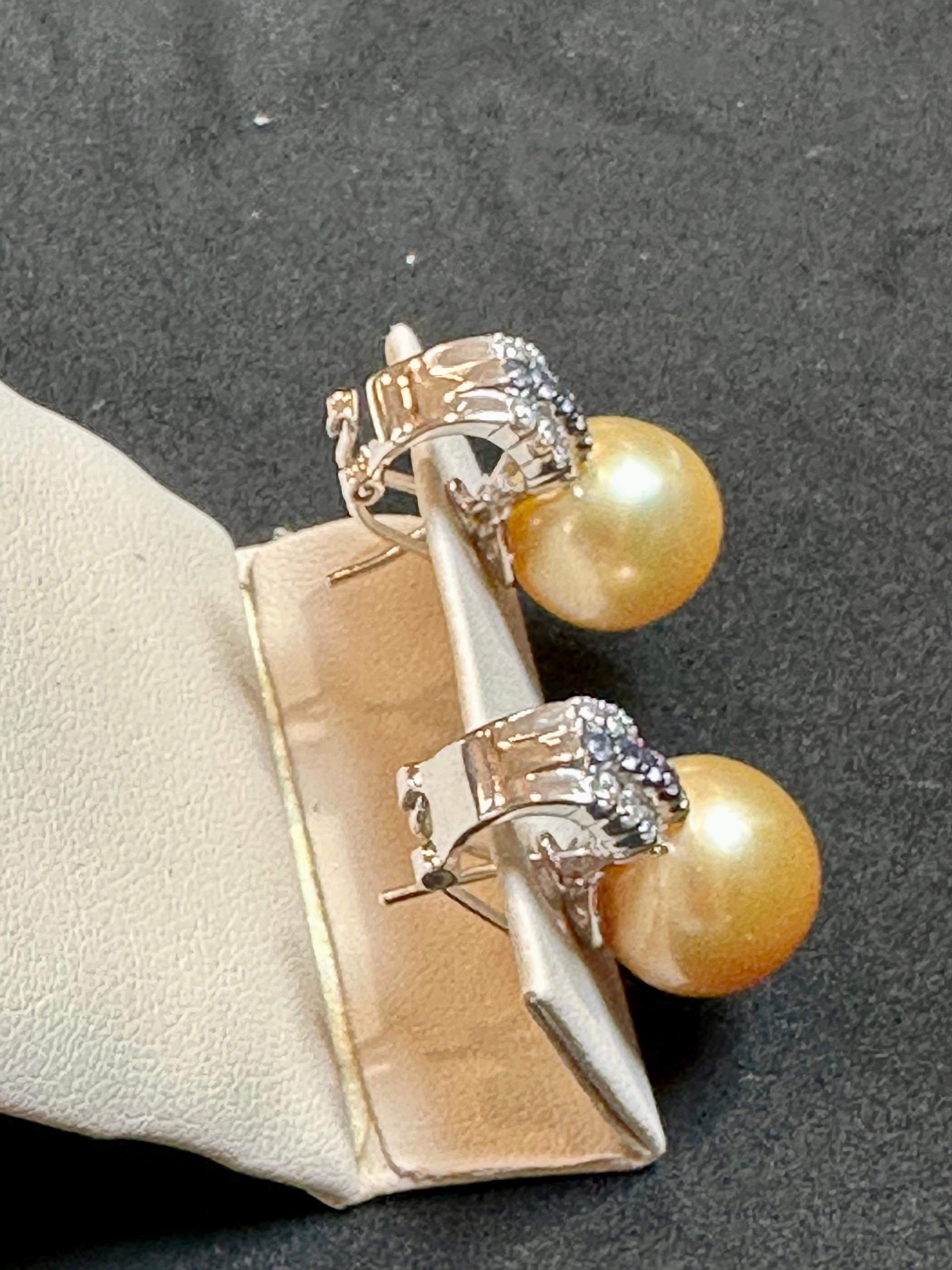 Women's 12.5 mm Round Golden Sea Pearl & Diamond Cocktail Stud Earrings 18 K White  Gold For Sale