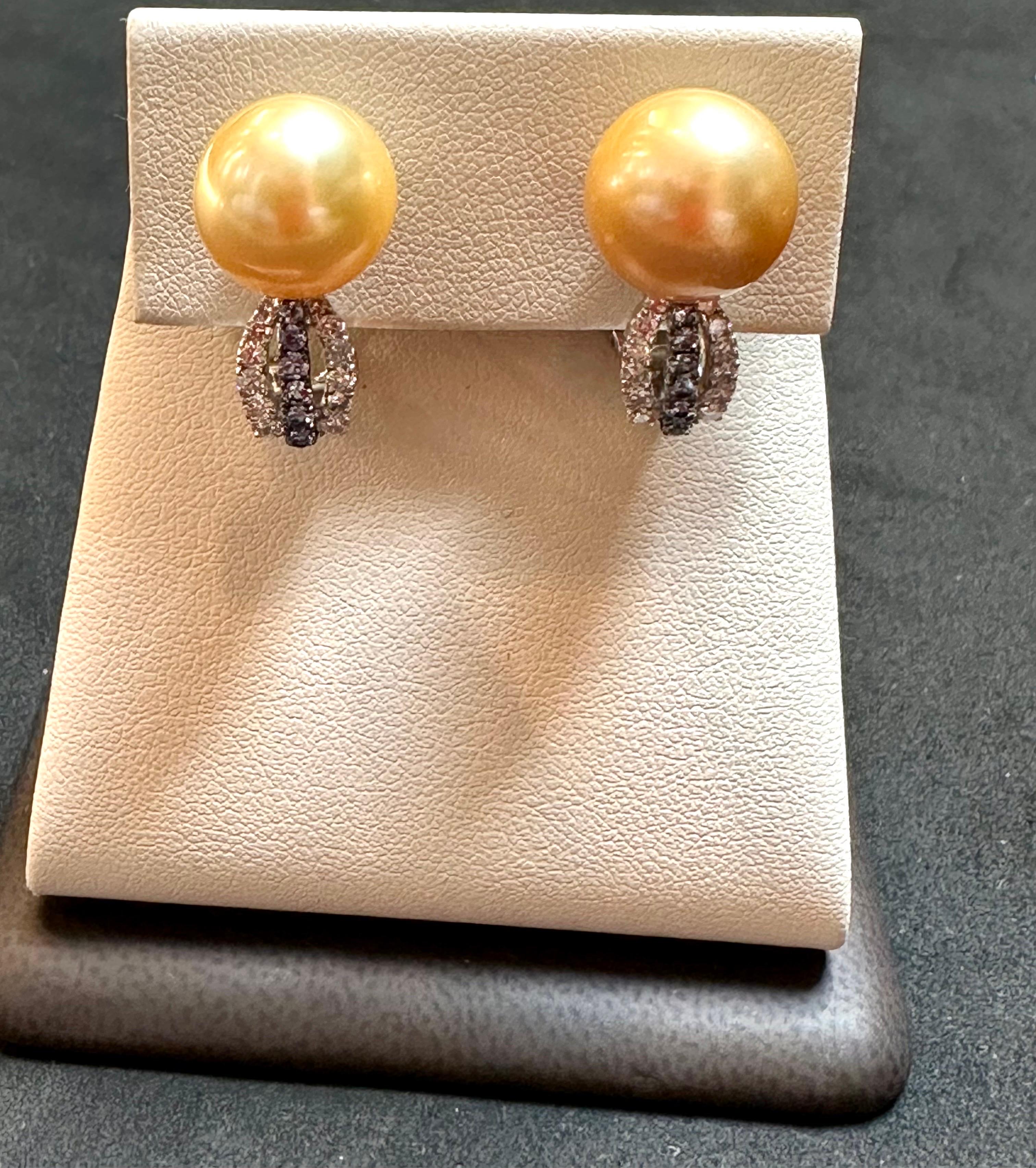 12.5 mm Round Golden Sea Pearl & Diamond Cocktail Stud Earrings 18 K White  Gold For Sale 1