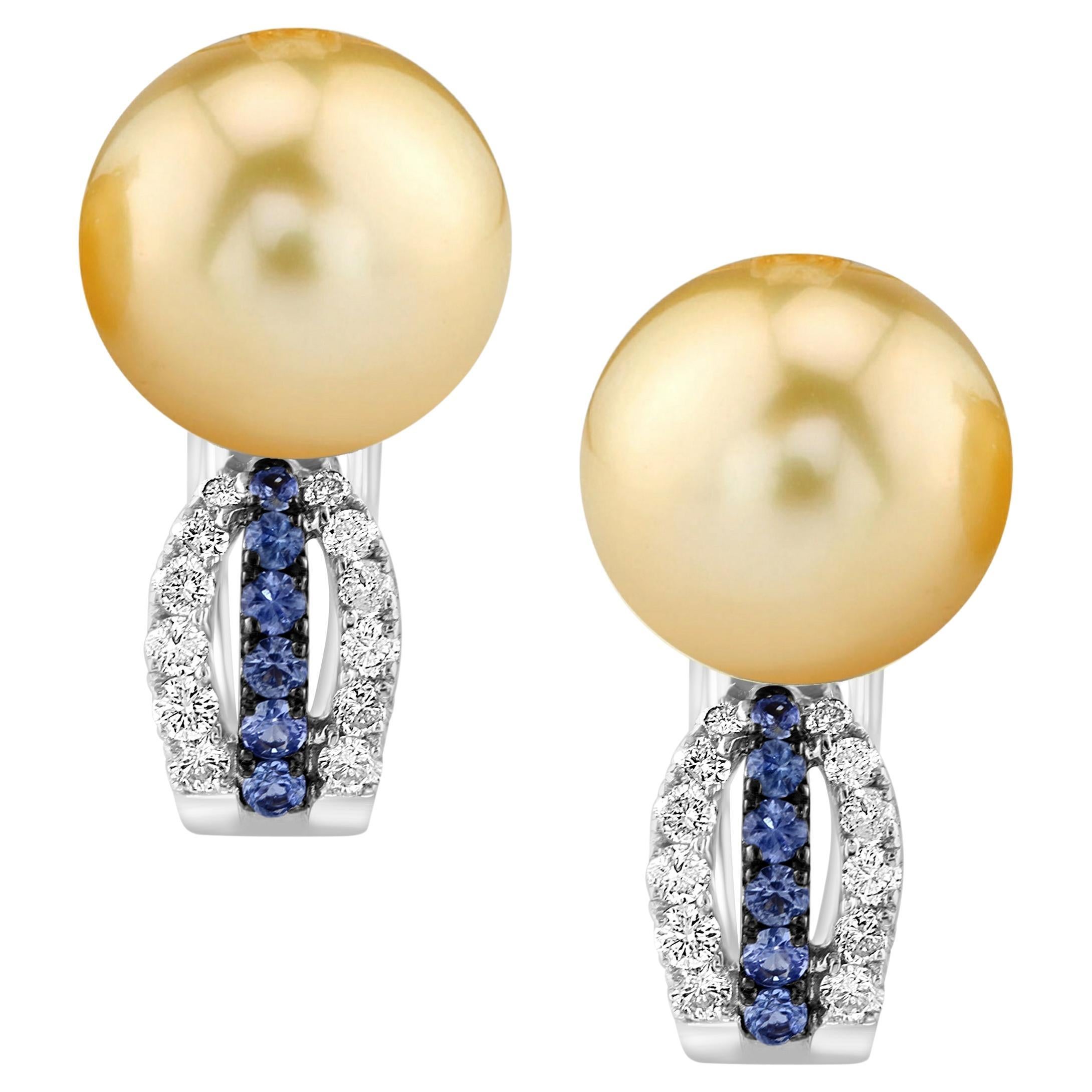 12.5 mm Round Golden Sea Pearl & Diamond Cocktail Stud Earrings 18 K White  Gold