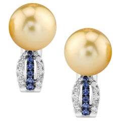 12.5 mm Round Golden Sea Pearl & Diamond Cocktail Stud Earrings 18 K White  Gold