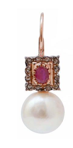 12.5 Mm White Pearls, Rubies, Diamonds, Rose Gold and Silver Earrings.