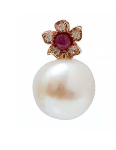 12.5 Mm White Pearls, Rubies, Diamonds, Rose Gold Flower Earrings.
