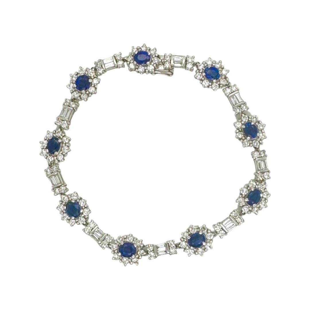 12.5 TCW Blue Sapphire and Diamond Art Deco Link Bracelet in 18k White Gold In Excellent Condition For Sale In Miami, FL