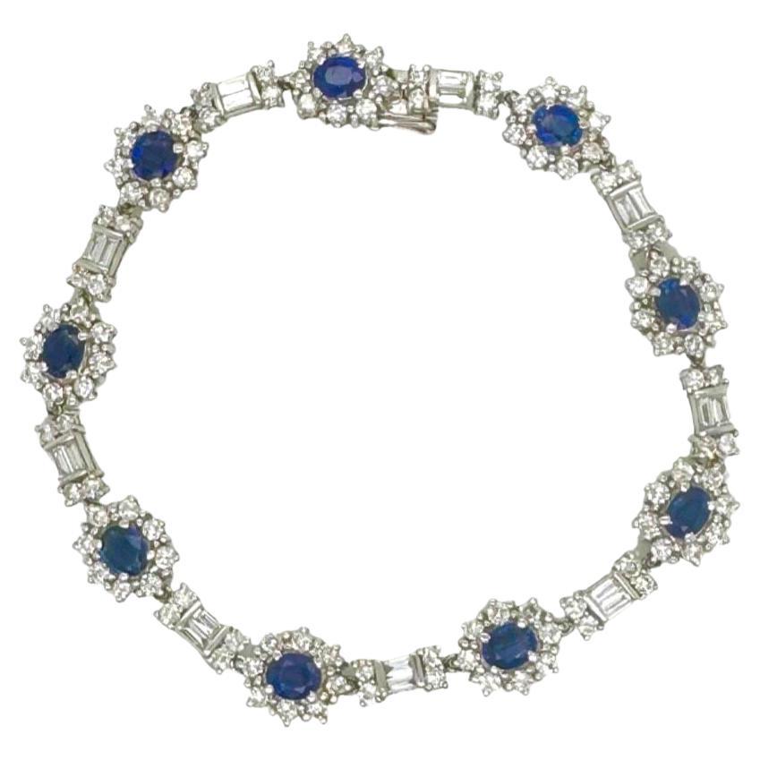 12.5 TCW Blue Sapphire and Diamond Art Deco Link Bracelet in 18k White Gold For Sale