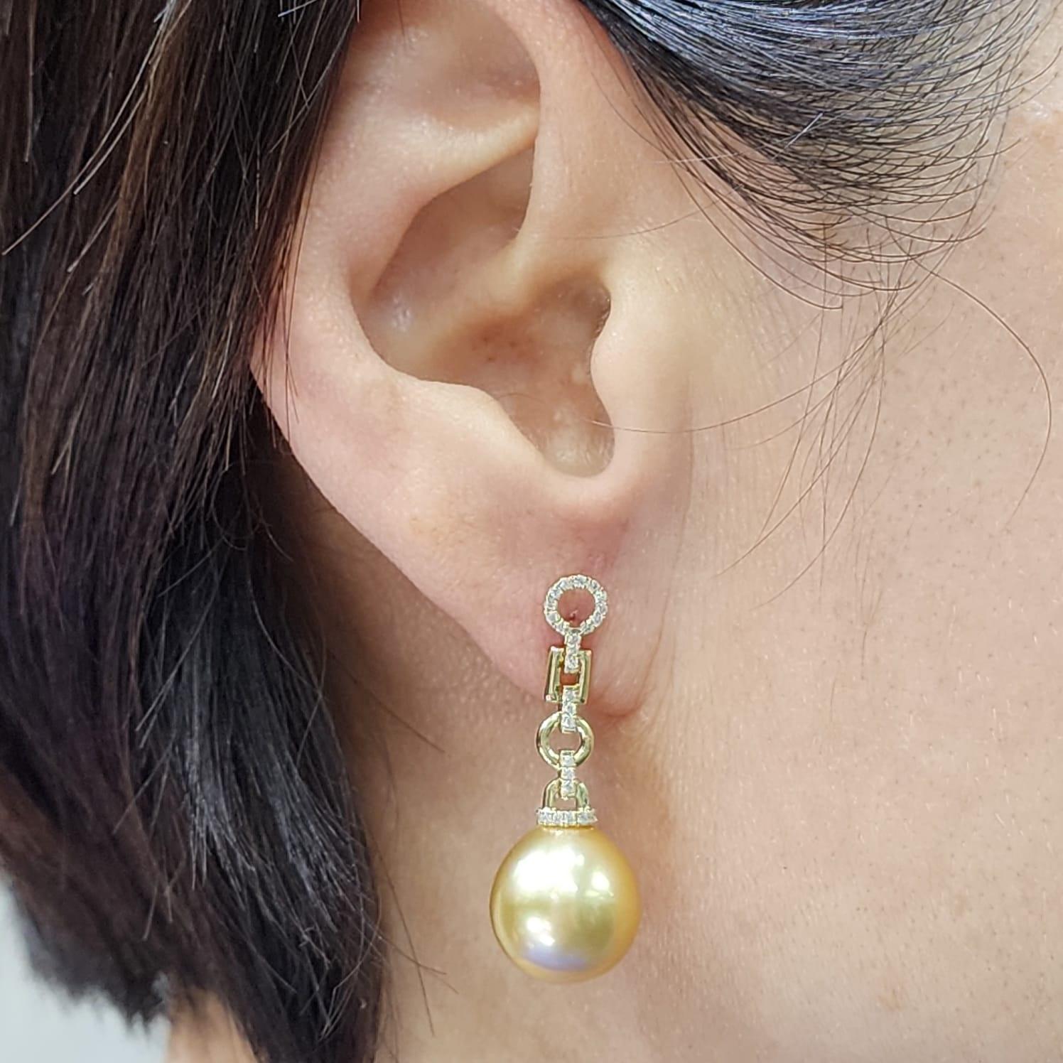 Bead 12.5 x 14mm Oval South Sea Pearl Diamond Dangle Earrings in 14 Karat Yellow Gold For Sale