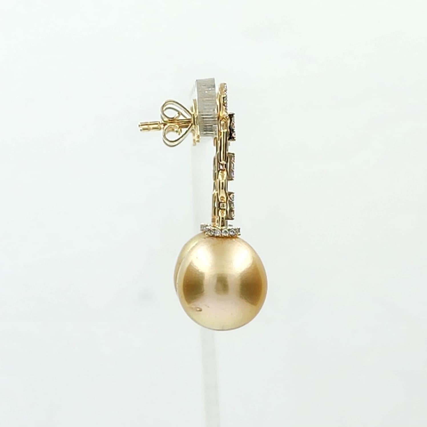Women's 12.5 x 14mm Oval South Sea Pearl Diamond Dangle Earrings in 14 Karat Yellow Gold For Sale