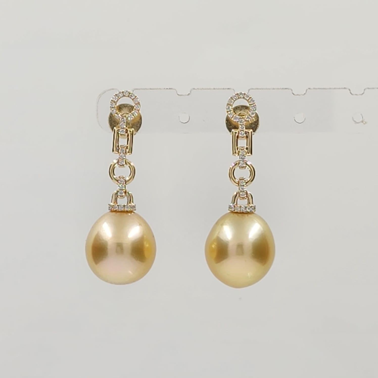 12.5 x 14mm Oval South Sea Pearl Diamond Dangle Earrings in 14 Karat Yellow Gold For Sale 2