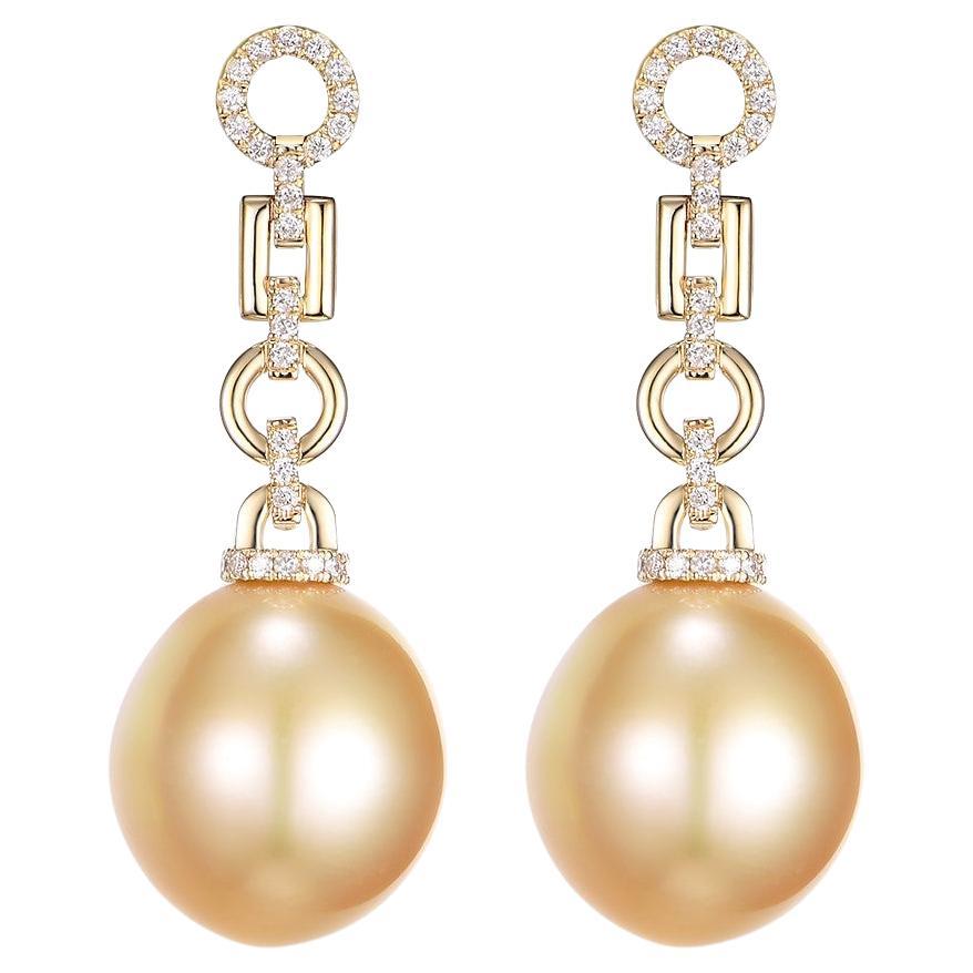 12.5 x 14mm Oval South Sea Pearl Diamond Dangle Earrings in 14 Karat Yellow Gold For Sale