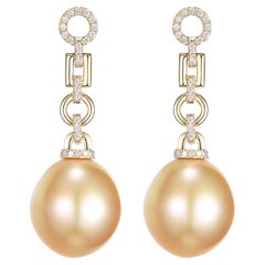 Pendants d'oreilles en or jaune 14 carats avec perles ovales des mers du Sud et diamants de 12,5 x 14 mm