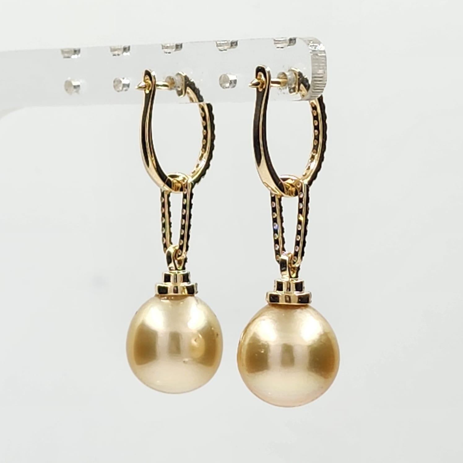 Bead 12.5 x 15mm Oval South Sea Pearl Diamond Dangle Earrings in 14 Karat Yellow Gold For Sale